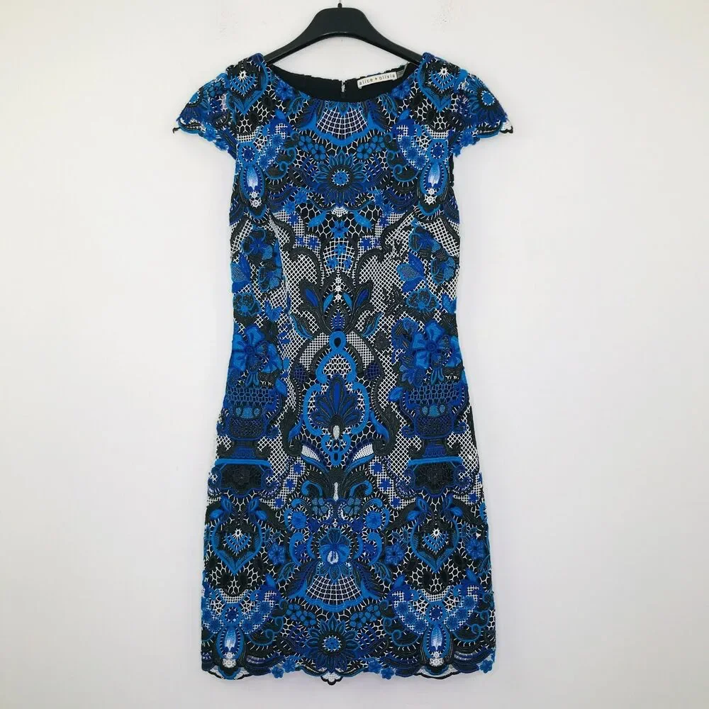 Alice + Olivia Women's 4 Mini Dress Blue Black Nakia Floral Lace Sheath CM5